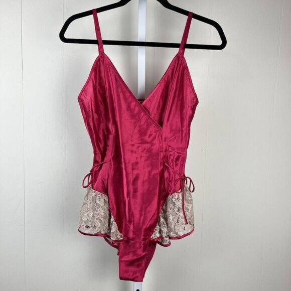 VTG Victoria's Secret Teddy Magenta Pink Satin Beige Lace Gold Label Medium - Picture 1 of 8